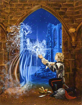Ghost handing sword to exhausted, kneeling warrior