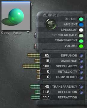 The Material Lab, with sea green Diffuse, dark teal Ambient, white Specular, very light gray-green Specular Halo, sea green Treansparent, and bright leaf green Volume colors. Diffusion 65, Ambience 15, Specularity 100, Metallicity 0, Bump Height 0, Transparency 45, Reflection 11.8, Refraction 117