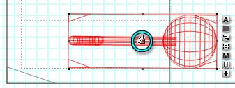 The rattle, in wireframe view, with the bottom of the sphere just resting on the dotted line with indicates the bottom of the Wagon Inside cube