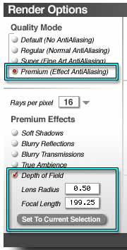 Render Options dialog, with the Premium rendering enabled, and Depth of Field enabled and highlighted.