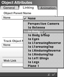 Object Attributes, Linking tab; Object Parent drop down menu open, Io Body highlighted