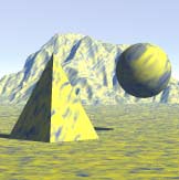 Texture applied to Ground Plane, Terrain, Pyramid, and Sphere