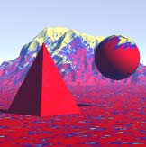 Texture applied to Ground Plane, Terrain, Pyramid, and Sphere