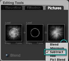 Terrain Editor, Pictures Tab; right thumbnail flippy open to show Subtract checked