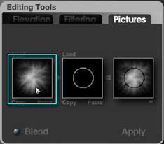 Terrain Editor, Pictures Tab; left thumbnail circled, replacing the wall terrain with the one that subtracted the wall. Thumbnail on right subtracts it again, leaving ditch