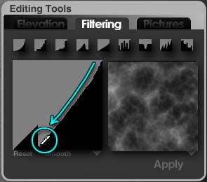 Terrain Editor; Filter has two peaks left is smaller than before, slope not as steep, Terrain looks normal