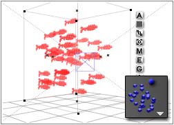 Wireframe; school of fish all heading same way, inset of Disperse Tool