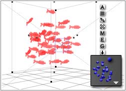 Wireframe; school of fish heading same general direction, inset of Disperse tool