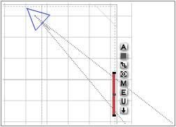 Wireframe, Top; Dotted Perspective lines from camera just touch both sides of mirror