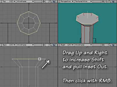 Drag up and right to increase Shift and Inset, then click with RMB.