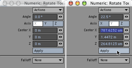Before and After clicking in the Top viewport, then adding the degrees for the rotation.