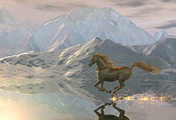 golden horse galloping over a glassy plane