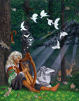 Elven harper with wolf in forest.