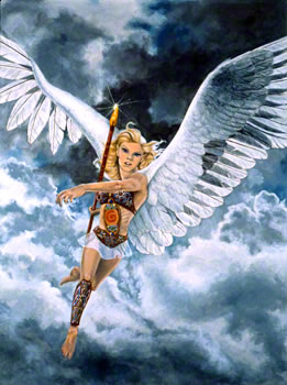 winged Spearwoman in a stormy sky