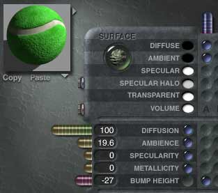 The thumbnail, Colors, and Values from the Material lab, showing a dot in the divots for Diffuse and Ambient color, and for Bump. Bump Height is set to -27