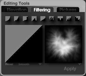 The Filtering tab, on the Editing tools, showing two large thumbnails, with a linear curve on the left, and a terrain on the right,and bunch of curve icons across the top