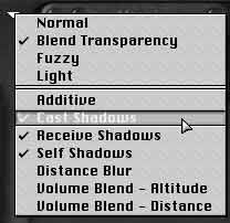 The Shading Mode menu, with Cast Shadows highlighted