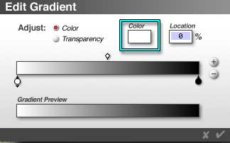 The Gradient Editor the current gradient is white to black, with the white color swatch highlighted. The Location text field shows is 0%