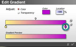 The Gradient Editor, with a yellow to magenta gradient. The color shown is magenta, in the 100% location