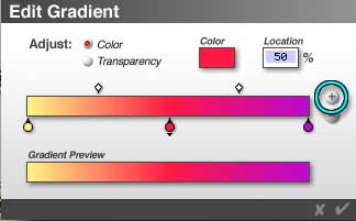 Gradient Editor, the gradient goes from yellow, to red, to magenta. The color swatch is red, with a 50% location.