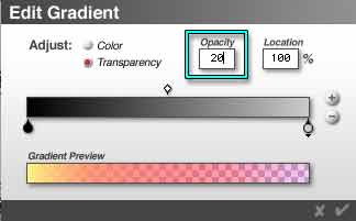 Gradient Editor, but this time, the Transparency portion is enabled (red dot) and the color swatch is an Opacity value. In this instance, it's set to 20, at location 100%.