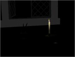 A really dark scene, with a glowing candle that illuminates nothing, and a dim white windowframe. The rest is black.
