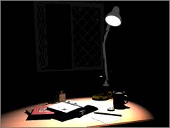 Render of the table with the books and mug and things, but this time with a task lamp illuminating everything on the table. The wall is nearly black, though.