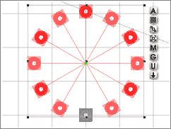 Top Wireframe of the copies, all selected, and the original, not selected. All the Origin points meet in the center of the circle.