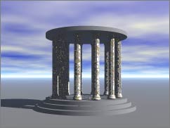 A rendered preview of the temple so far. White marble columns, gray steps and roof.