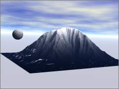 Ball about halfway as high as the top of the mountain. It's gray, and the mountain is unchanged from the first image