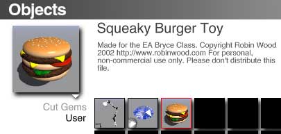 Objects Preset, with Squeaky Burger Toy preset loaded