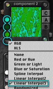 DTE component palette; colors chosen, with teal on top, and color blending menu under the flippy below the color swatches open