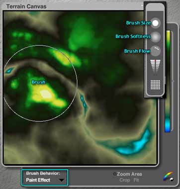 Terrain Canvas and Paintbrush Attributes; terrain is white highest, through yellow, green and brown, to blue low