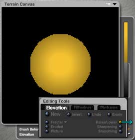 Terrain Editor, Elevation, dragging on Raise/Lower button, top right of first section. Terrain shows yellow circle on black