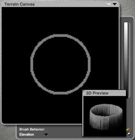 Terrain Editor; gray ring on black. 3D Preview shows ring wall with rough edges