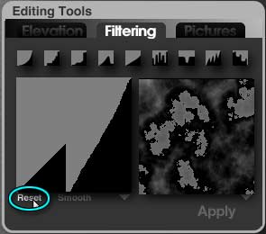 Terrain Editor; Filter has two peaks, Reset button circled, Terrain shows bright gray areas on black
