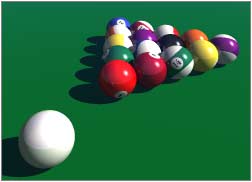 Render; Rack of pool balls, with cue ball in front