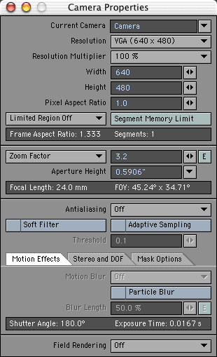 The Camera Properties panel