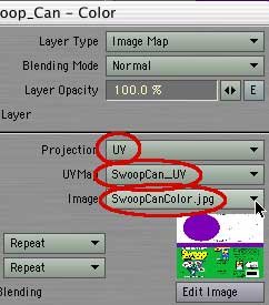 Choose UV Map type, SwoopCan_UV for the map, and SwoopCanColor.jpg for the Image.