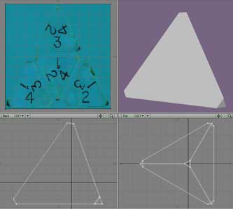 Load the model, set up the workspace, and use the D4Color.jpg as the background for the UV Texture viewport. Start a new UV Texture Map.