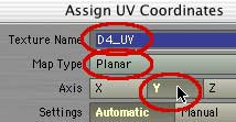 In the Assign UV Coordinates requester, pick Planar, Y, Automatic.