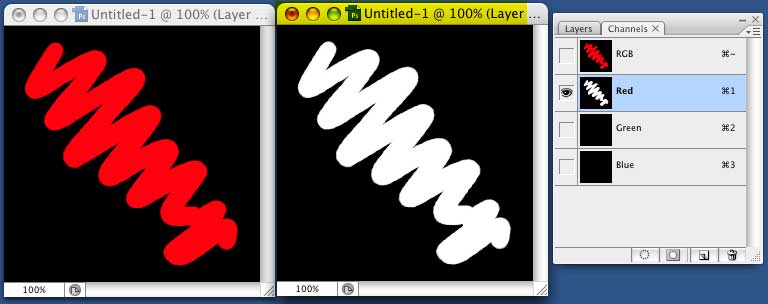 When you draw a white squiggle on the Right Window, it shows up red in the Left Window! A value of 255 (white) on the red channel means you are adding R:255 to the image