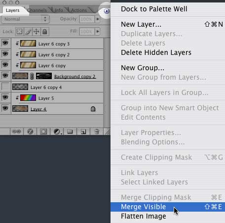 You can find the Merge Visible command in the fly out menu at the top right corner of the Layers palette.