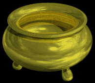 Brass cauldron with three legs.